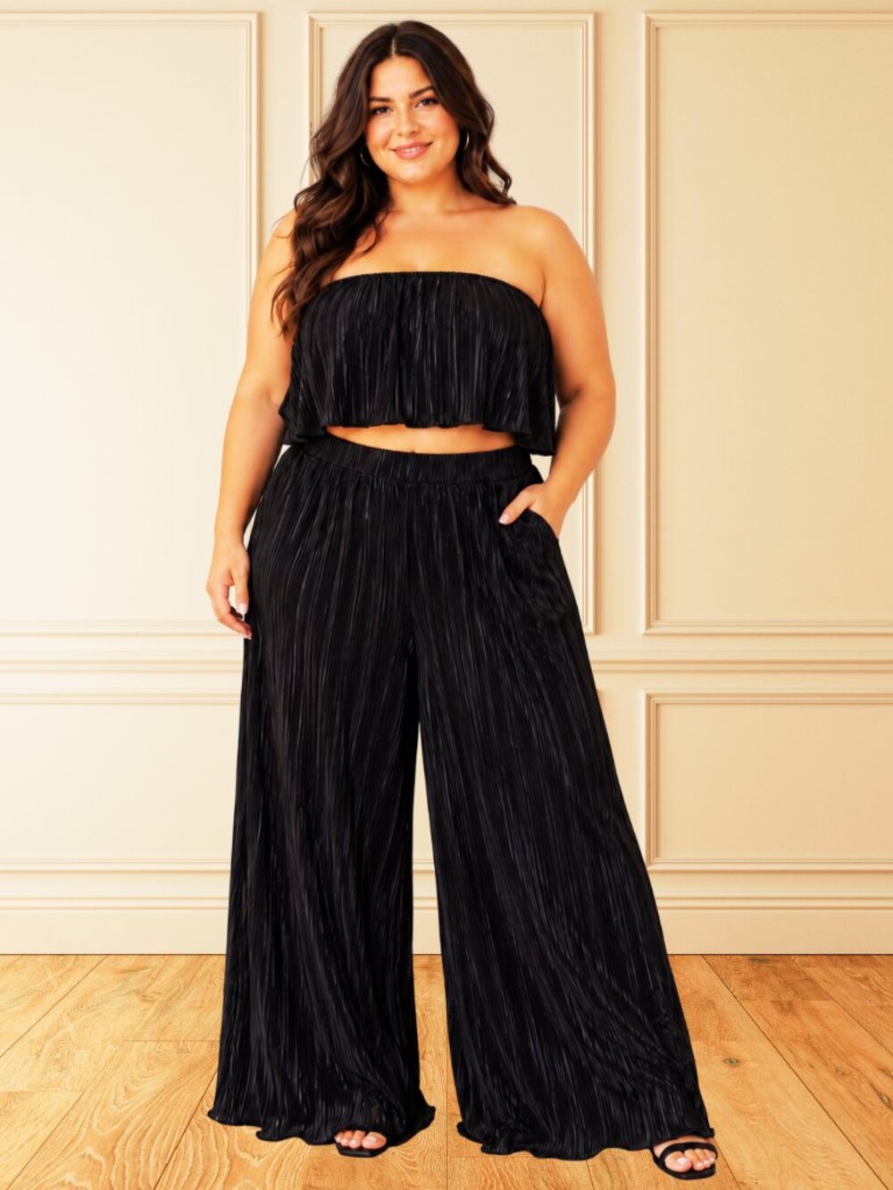 SHEIN Curve 2XL Black Pleated 2 Piece Strapless Top Wide Leg Pants Set